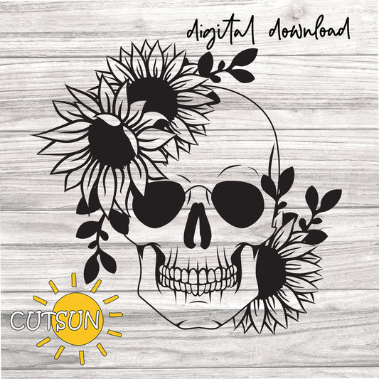 Skull with sunflowers and sunglasses on a wooden background, digital download option.
