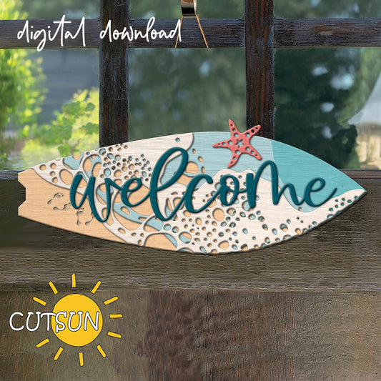 Layered surfboard-shaped welcome sign with ocean waves, sandy footprints, and a red starfish, ideal for beach-themed summer decor.