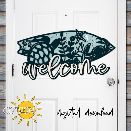 Layered surfboard welcome sign SVG with sea turtle, starfish, and coral – ocean laser cut file for Glowforge and xTool