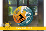 SVG digital download for a round door hanger featuring a surfer on sunset riding the waves