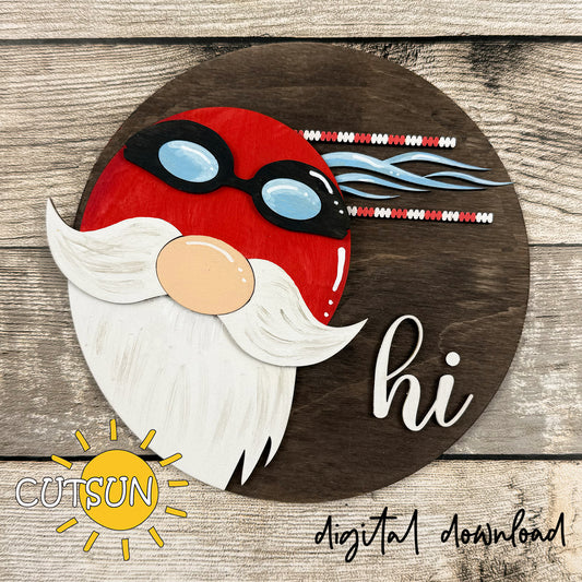 Swimming Gnome SVG laser cut file featuring gnome with red swim cap, goggles, and pool lane dividers – summer interchangeable sign design.