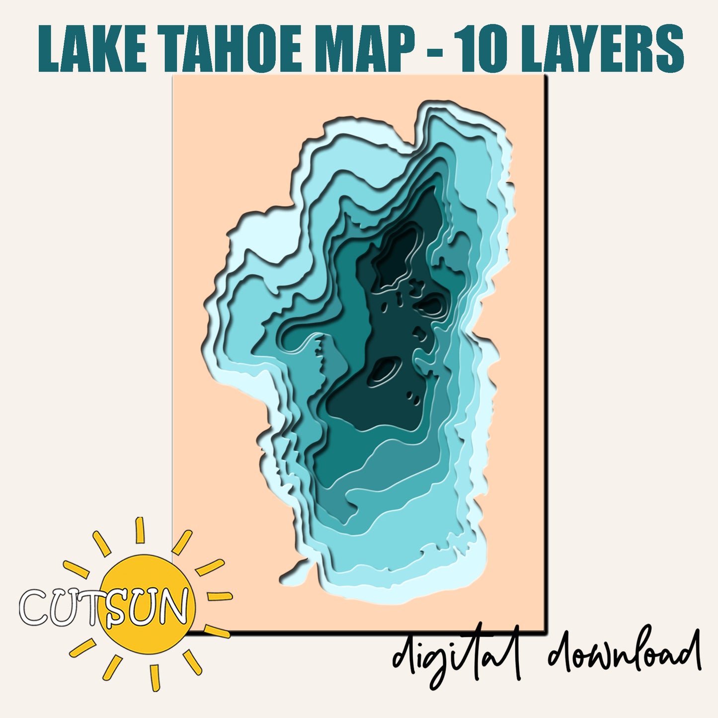 Lake Tahoe map with 10 layers on a beige background, featuring the Cutsun logo.