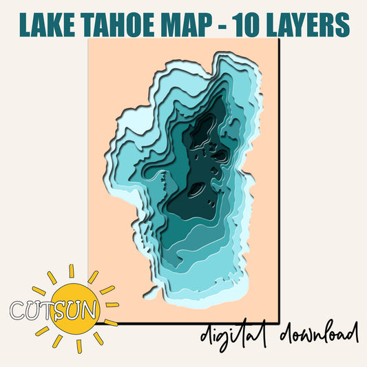 Lake Tahoe map with 10 layers on a beige background, featuring the Cutsun logo.
