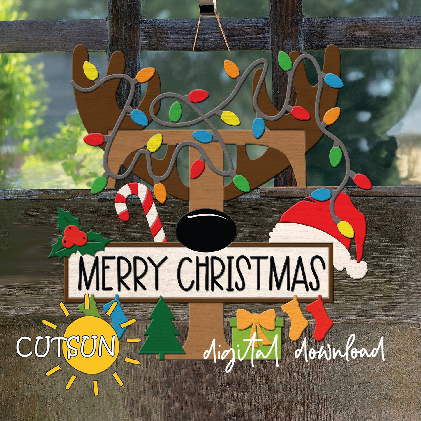 Laser cut Christmas door sign - monogram letter T with antlers, Christmas lights, candy cane, holly berry, a Christmas tree, a present, Santa hat and four stockings.