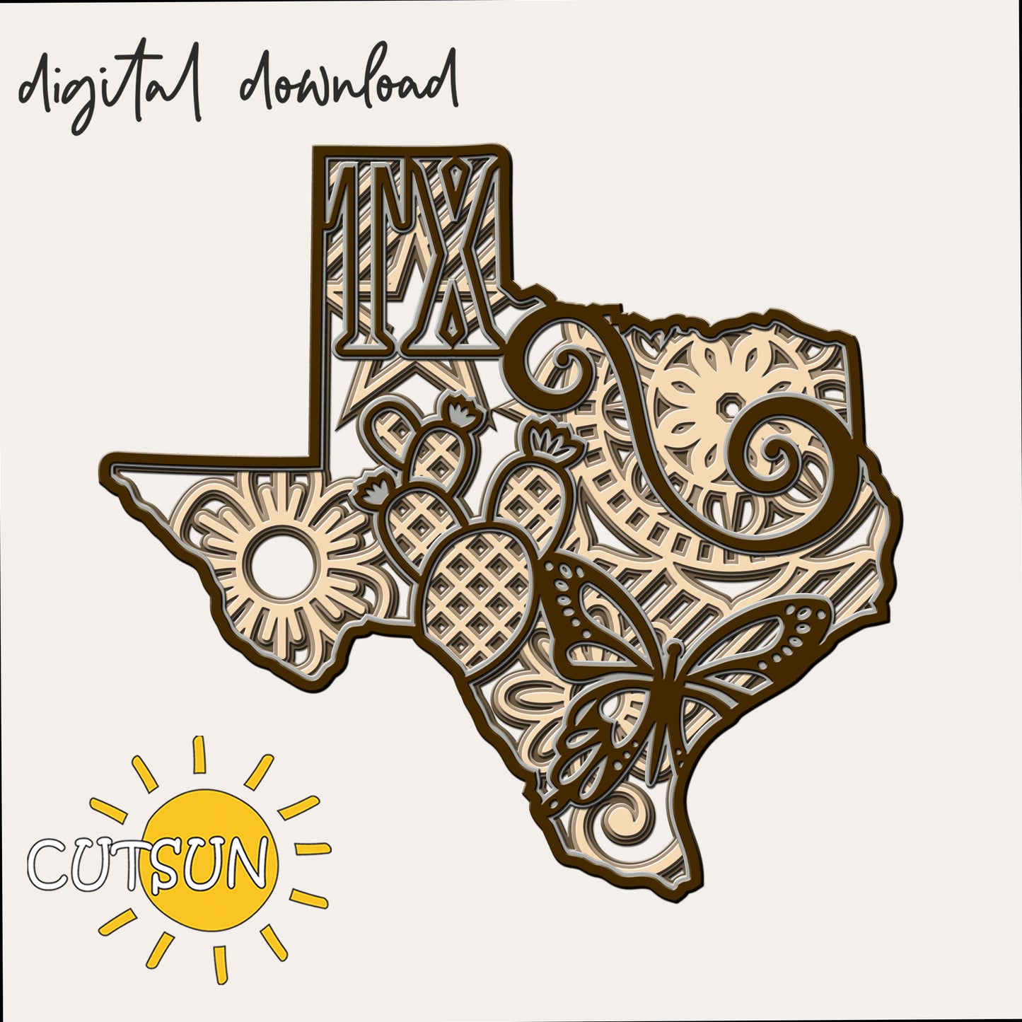 Digital download for a laser cut file featuring the shape of the state of Texas with mandala elements and symbols of the state: a cactus and a monarch butterfly