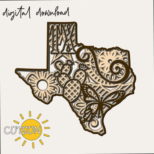 Digital download for a laser cut file featuring the shape of the state of Texas with mandala elements and symbols of the state: a cactus and a monarch butterfly