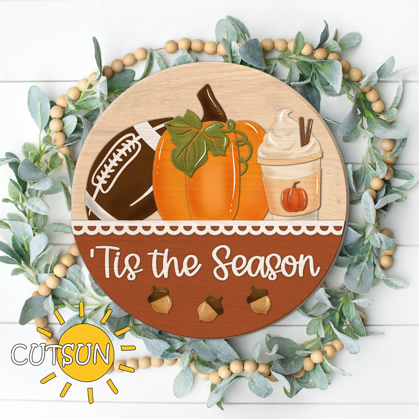 Tis the Season Round Sign SVG | Football Pumpkin Latte Door Hanger | Fall Laser Cut Files for Glowforge