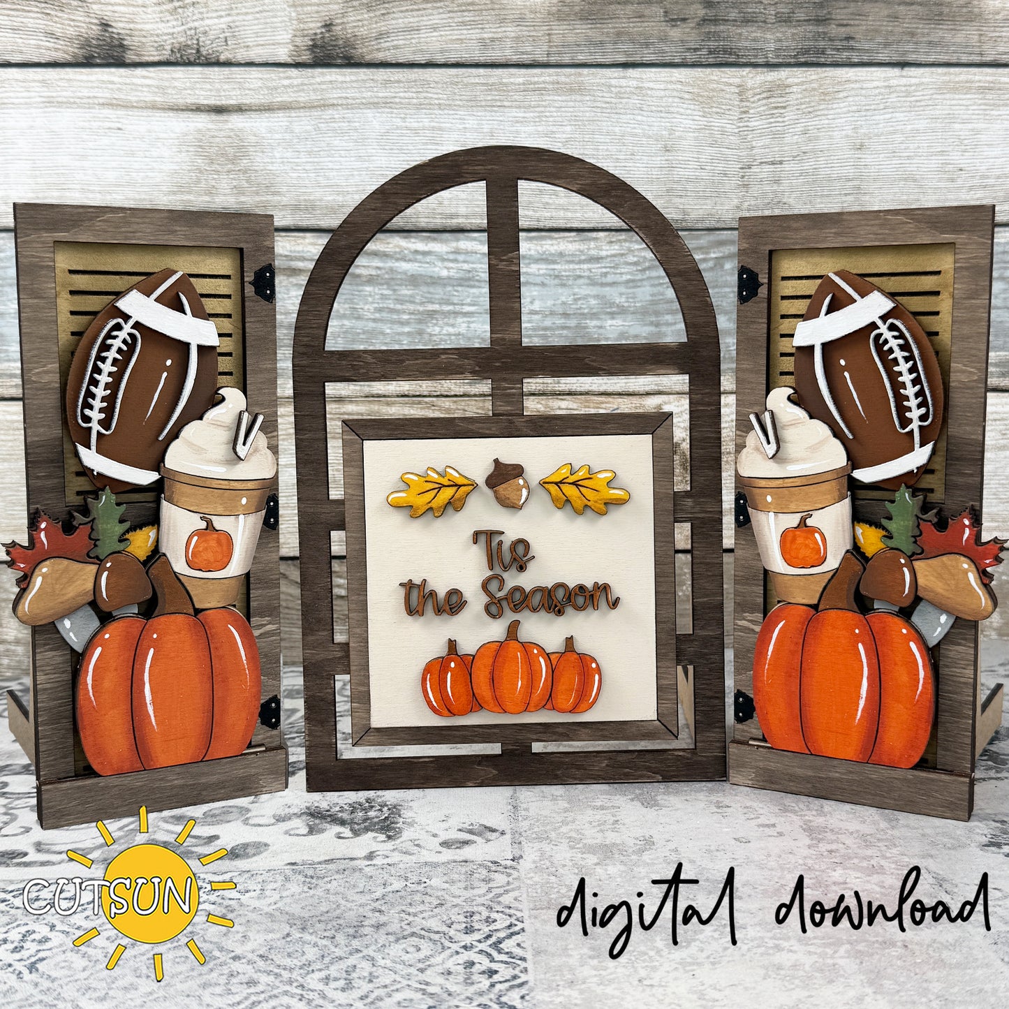 Fall farmhouse window add-on SVG with pumpkins, footballs, coffee cups, autumn leaves, mushrooms, and acorns for interchangeable laser cut farmhouse decor.