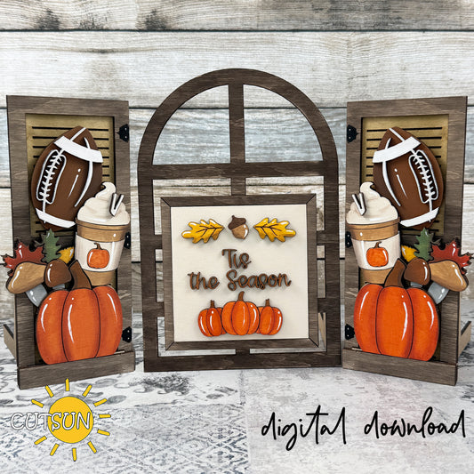 Fall farmhouse window add-on SVG with pumpkins, footballs, coffee cups, autumn leaves, mushrooms, and acorns for interchangeable laser cut farmhouse decor.