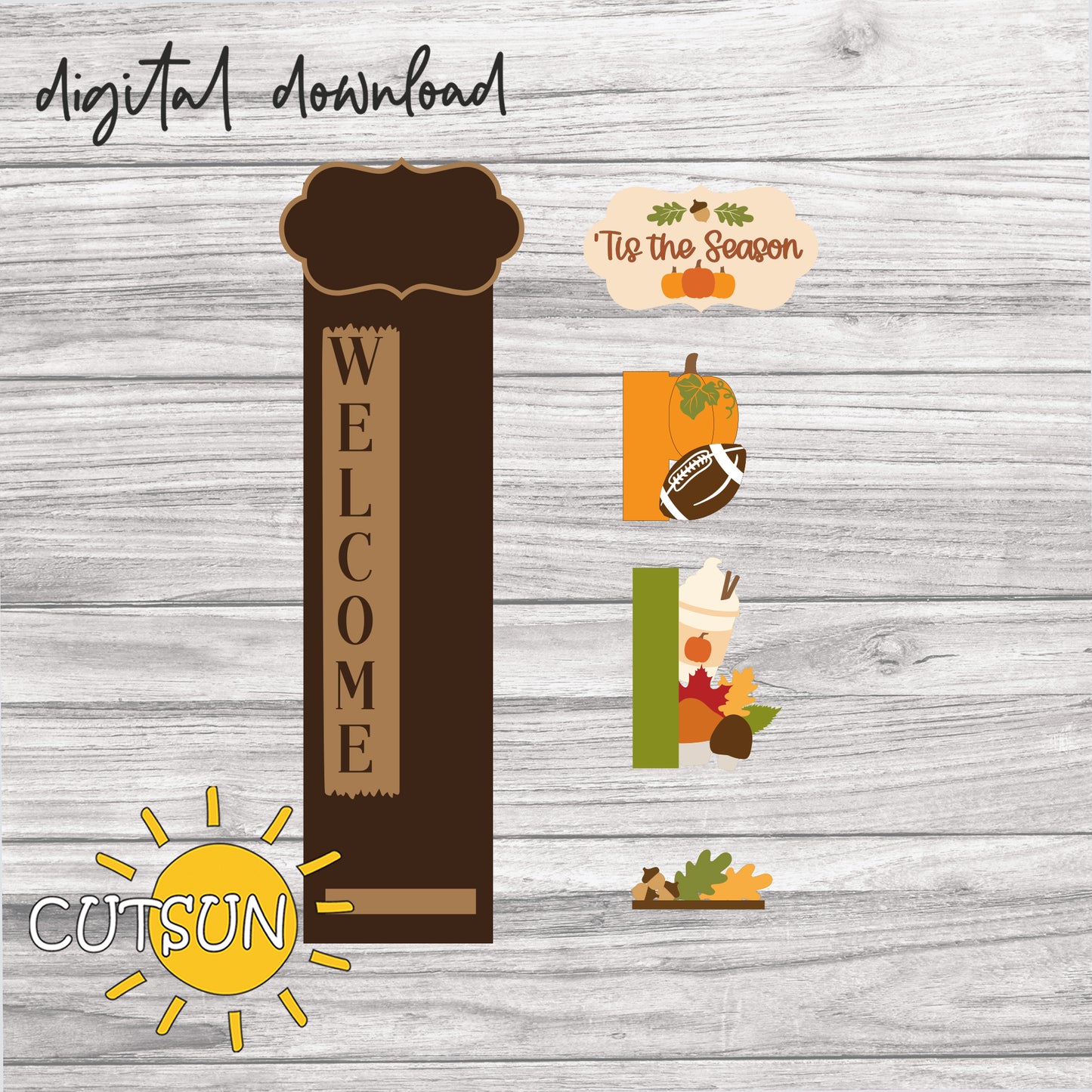 ’Tis the Season Fall Add-On SVG for Vertical Porch Leaners | Pumpkin, Football and Latte Laser Cut File | Interchangeable Autumn Sign Decor