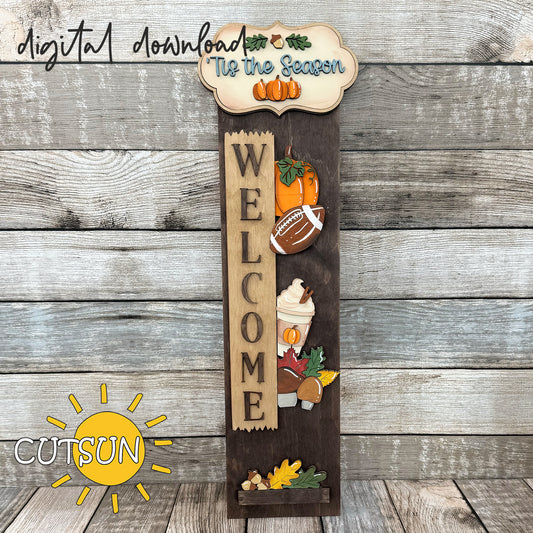 ’Tis the Season fall add-on SVG for vertical porch leaner with pumpkin, football, latte, acorns and foliage; layered laser cut file with free WELCOME base.