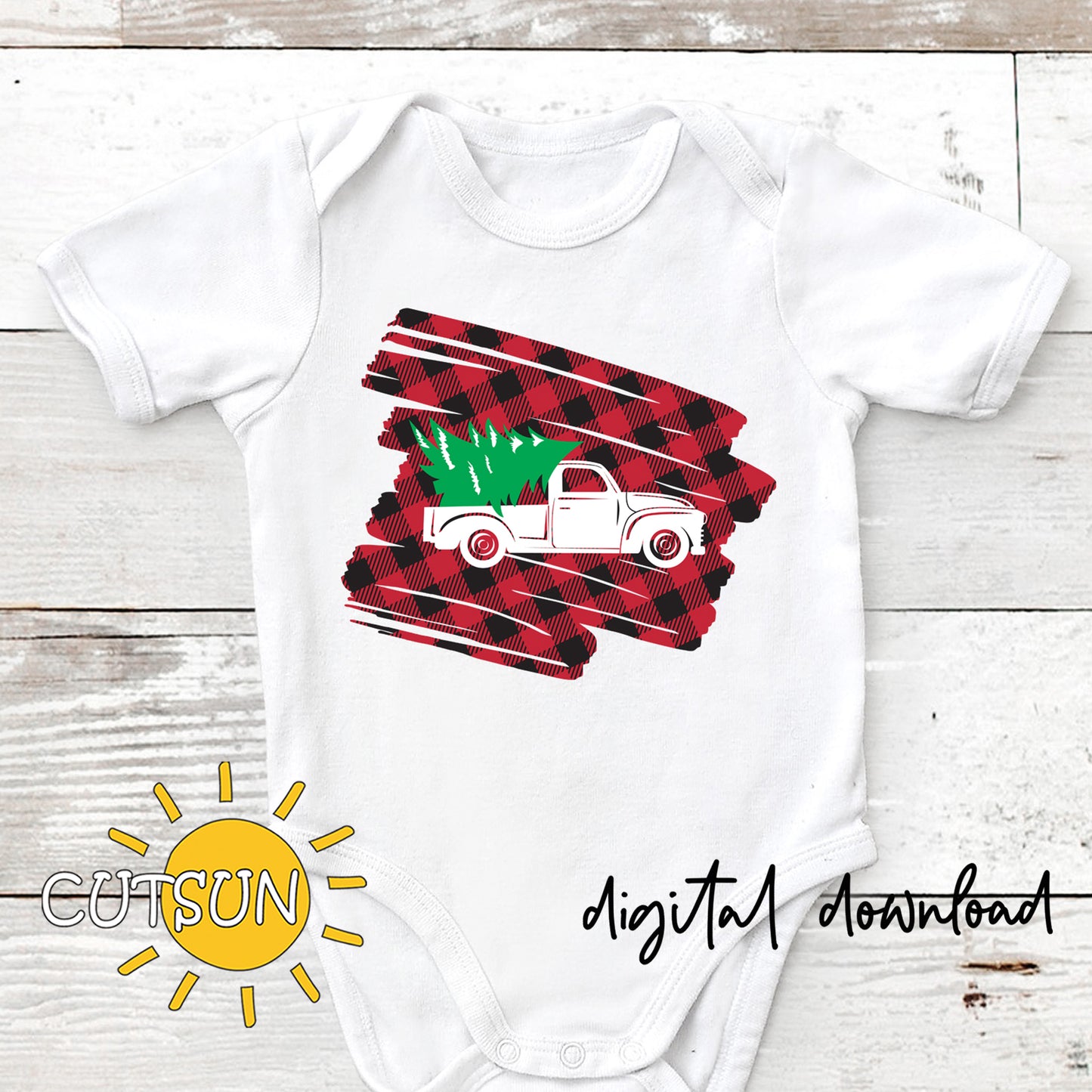 Vintage truck with a Christmas tree in its trunk on a scribble with a Buffalo plaid texture