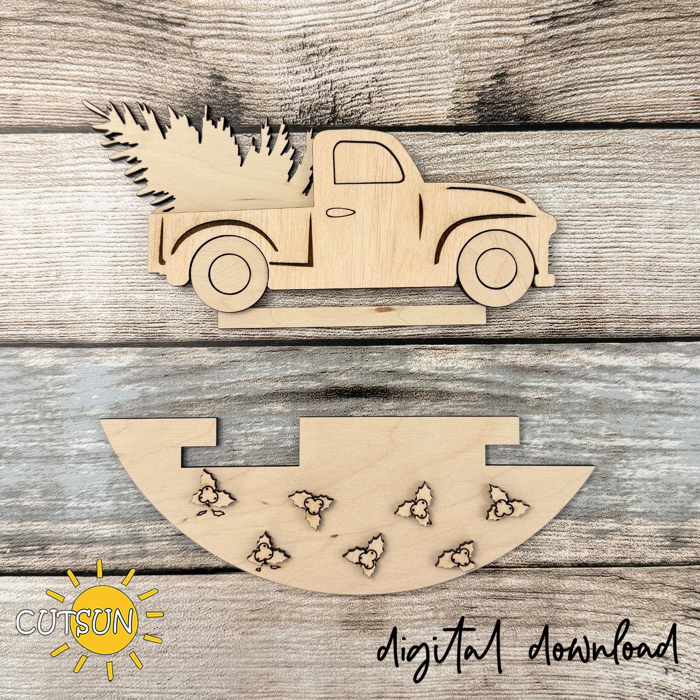 Christmas Truck Add-On for Interchangeable Round Sign SVG | Vintage Red Pickup Laser Cut File