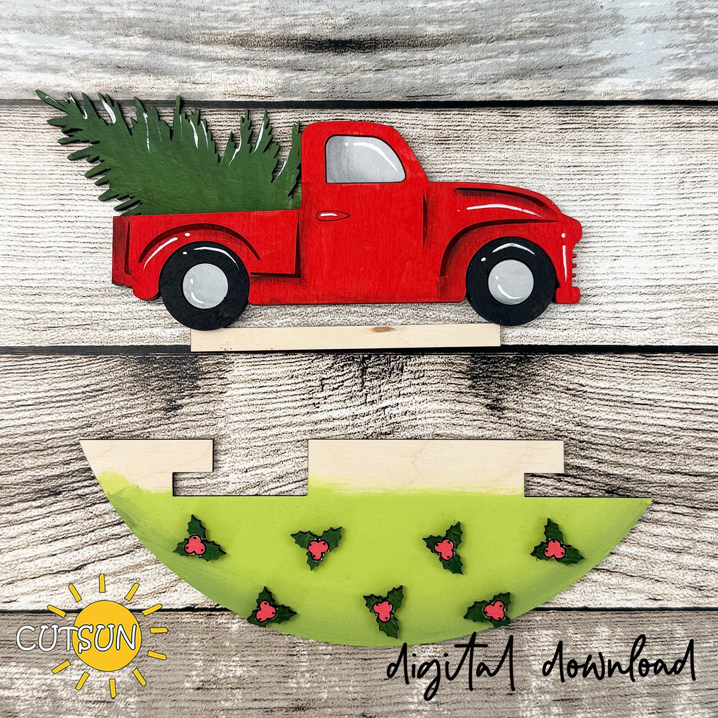 Christmas Truck Add-On for Interchangeable Round Sign SVG | Vintage Red Pickup Laser Cut File