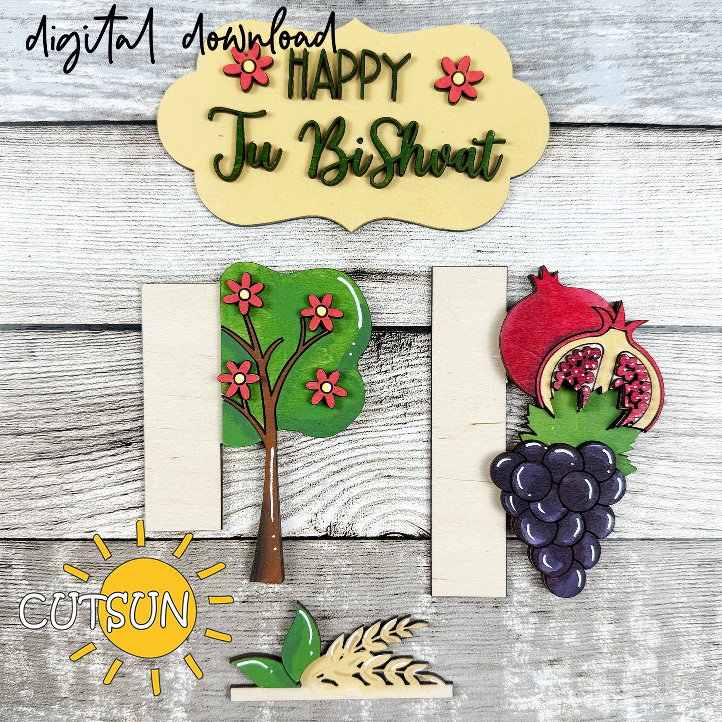 Happy Tu Bishvat Vertical Welcome Sign SVG Laser Cut File | Jewish Holiday Porch Leaner Sign