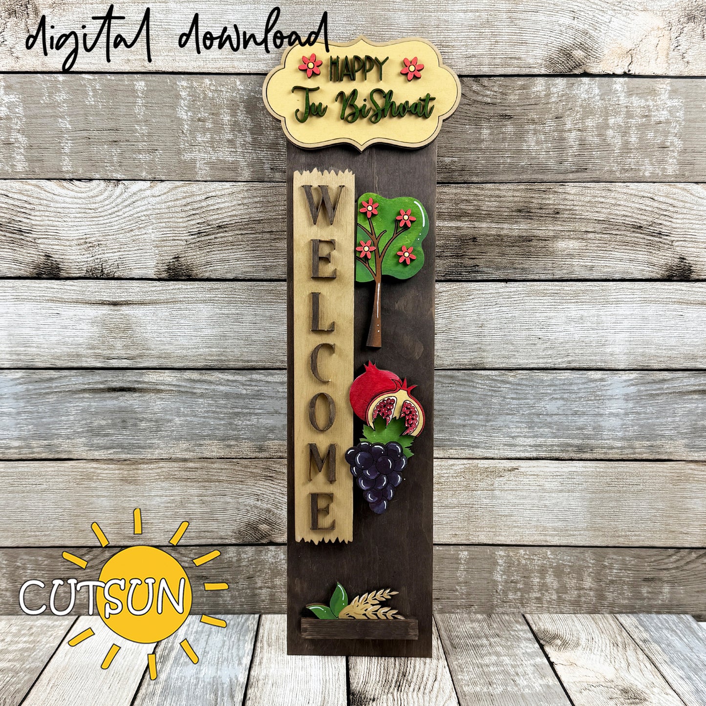 Happy Tu Bishvat vertical welcome sign SVG laser cut file featuring layered top plaque, tree, pomegranate, grapes, and nature-inspired decor.