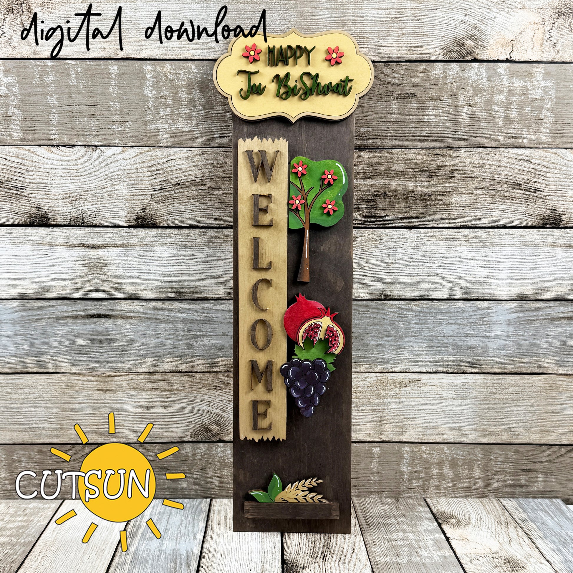 Happy Tu Bishvat vertical welcome sign SVG laser cut file featuring layered top plaque, tree, pomegranate, grapes, and nature-inspired decor.