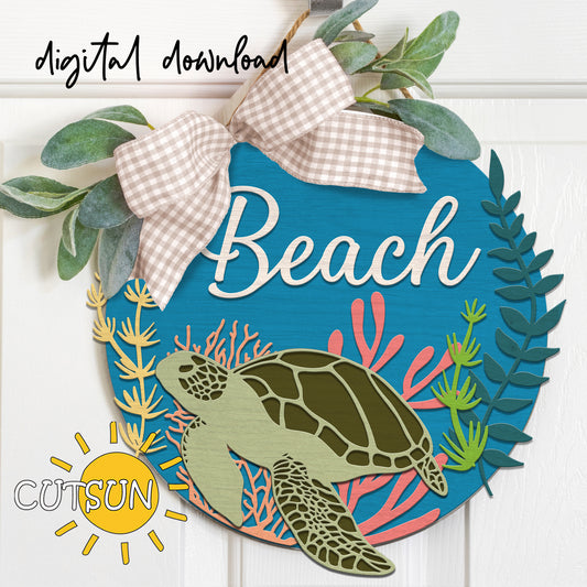 Layered turtle beach door hanger SVG with coral, seaweed, and “Beach” text – laser cut file for coastal home decor