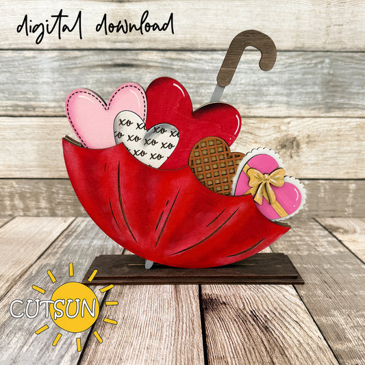 Valentine’s Day add-on for an interchangeable upside down umbrella shelf sitter featuring layered hearts and romantic seasonal details.