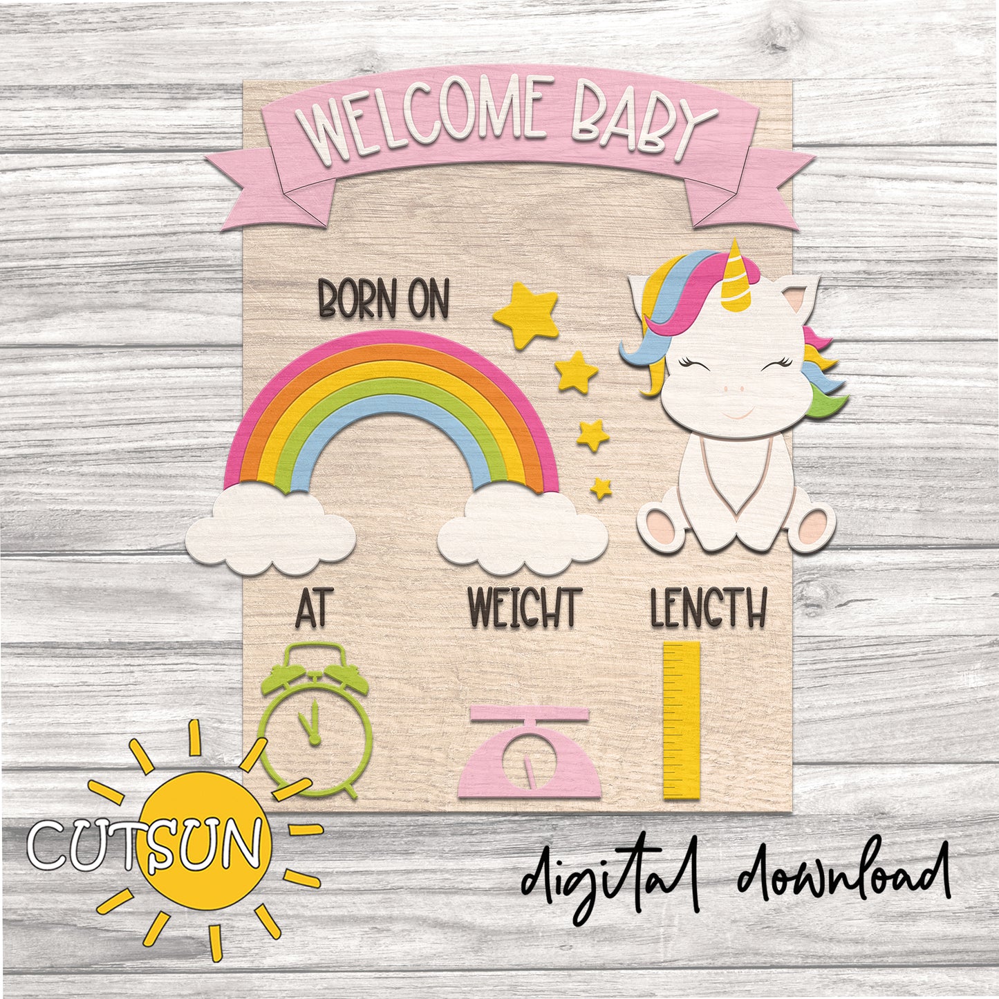 Baby shower sign with unicorn, rainbow, and baby weight and length measurements on a wooden background.