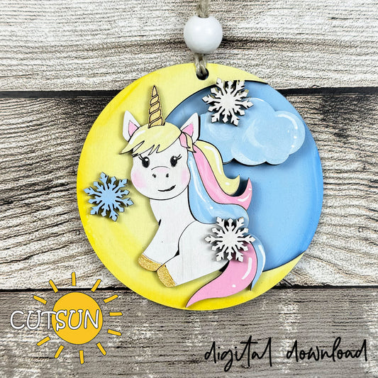 Layered unicorn ornament SVG with moon and snowflakes – Christmas laser cut file for wood and acrylic crafts
