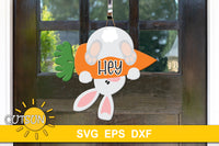 Upside down bunny leaning over a carrot with the word hey - svg digital dowload for a door hanger