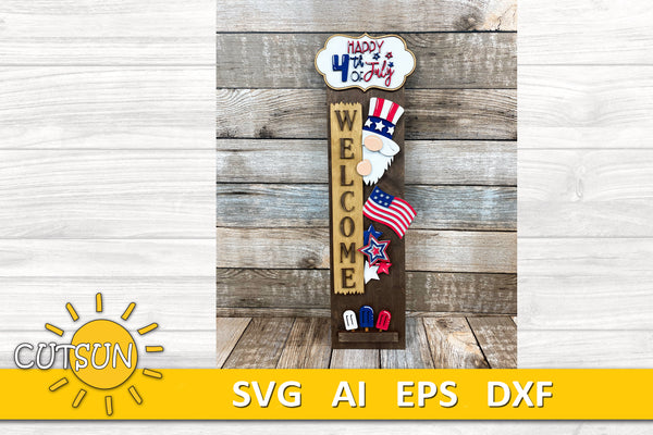 4th of July porch sign add-on with a free Interchangeable Porch leaner SVG Patriotic Gnome vertical porch sign Summer decor Laser cut file