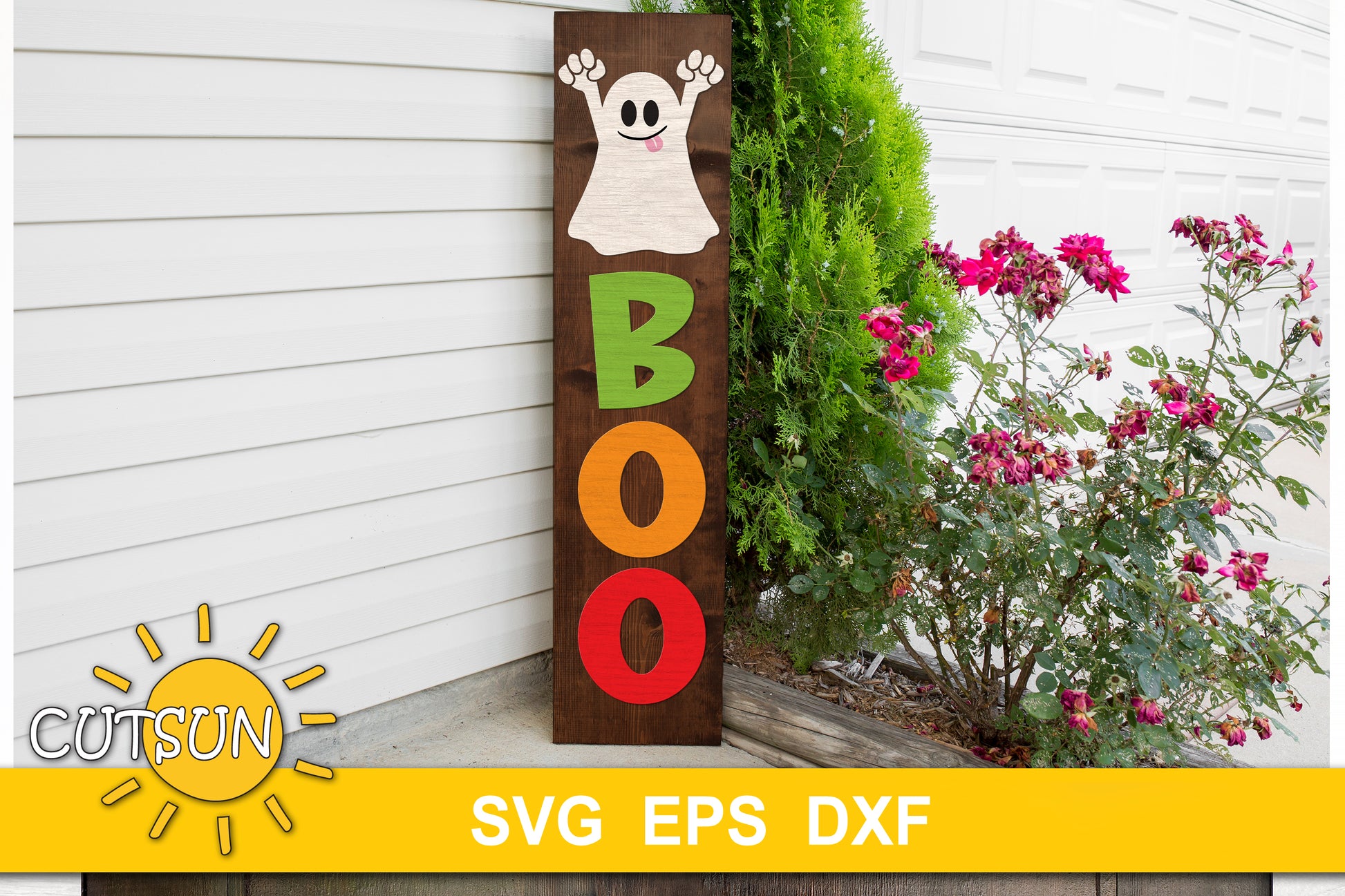 Vertical Halloween porch sign SVG file featuring a cute Ghost and the word BOO