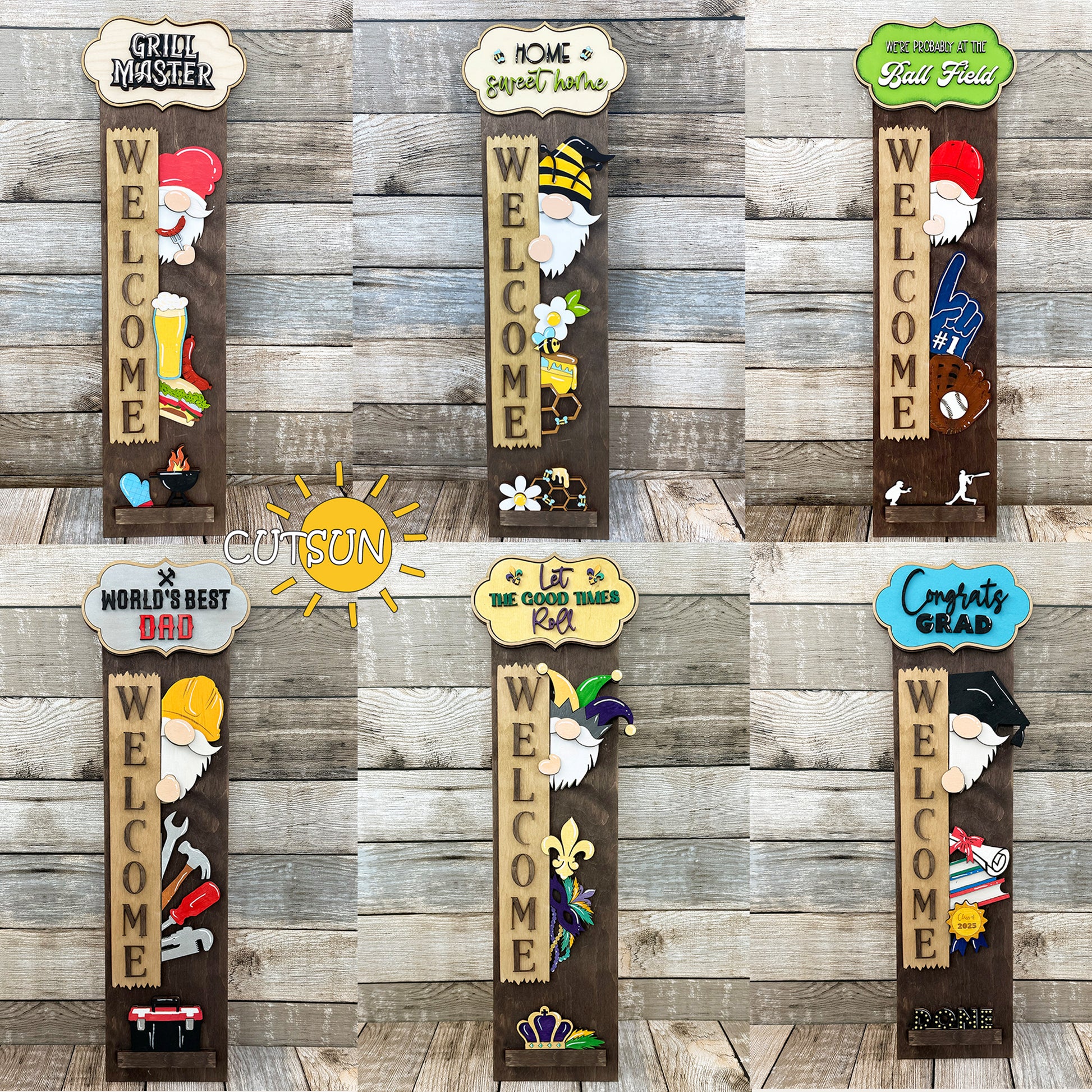 6 themed porch sign SVGs for laser cutters – Grill Master, Graduation, Father’s Day, and more. Base leaner included. Glowforge & xTool compatible.