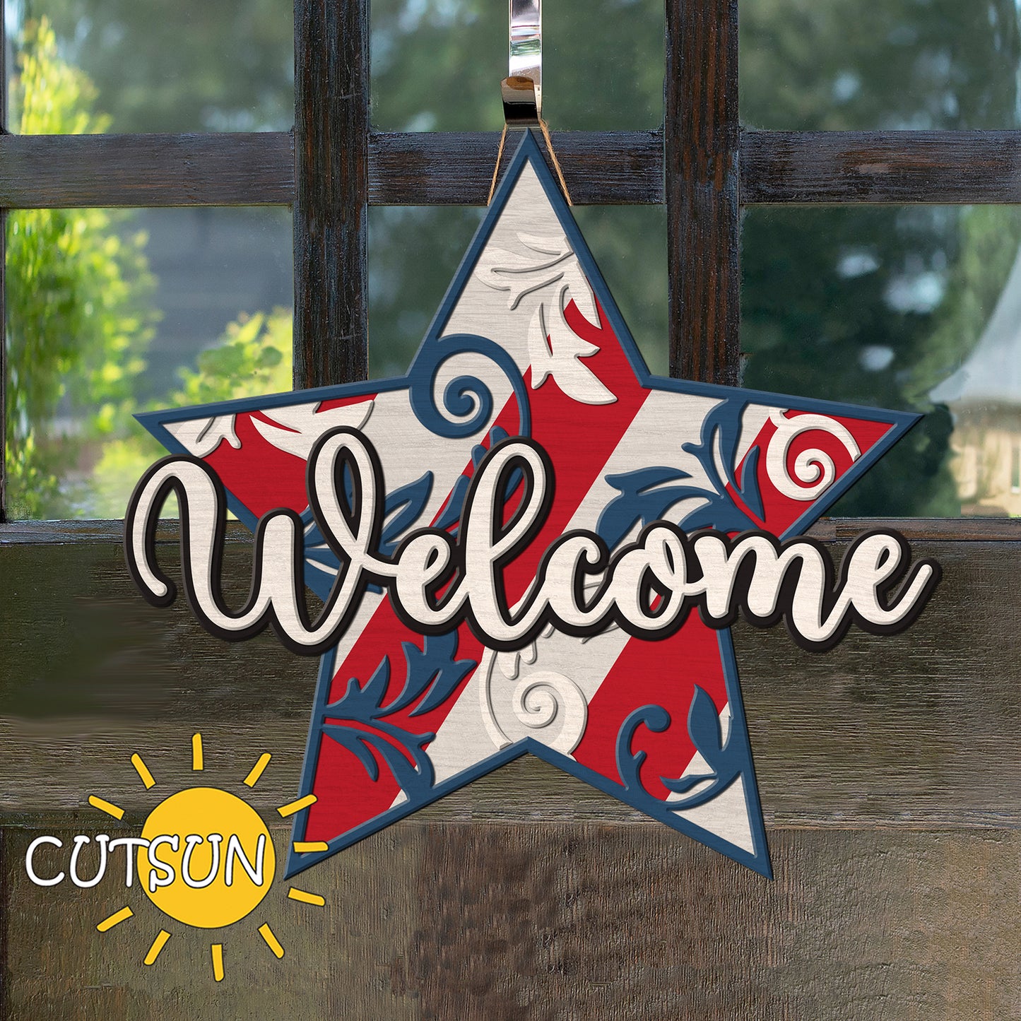 Vintage star door hanger SVG | Patriotic welcome sign SVG