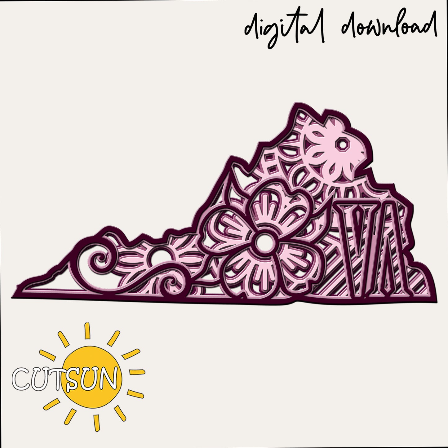 Decorative cutout of a state shape with floral patterns on a white background, featuring 'CUTSUN' logo.