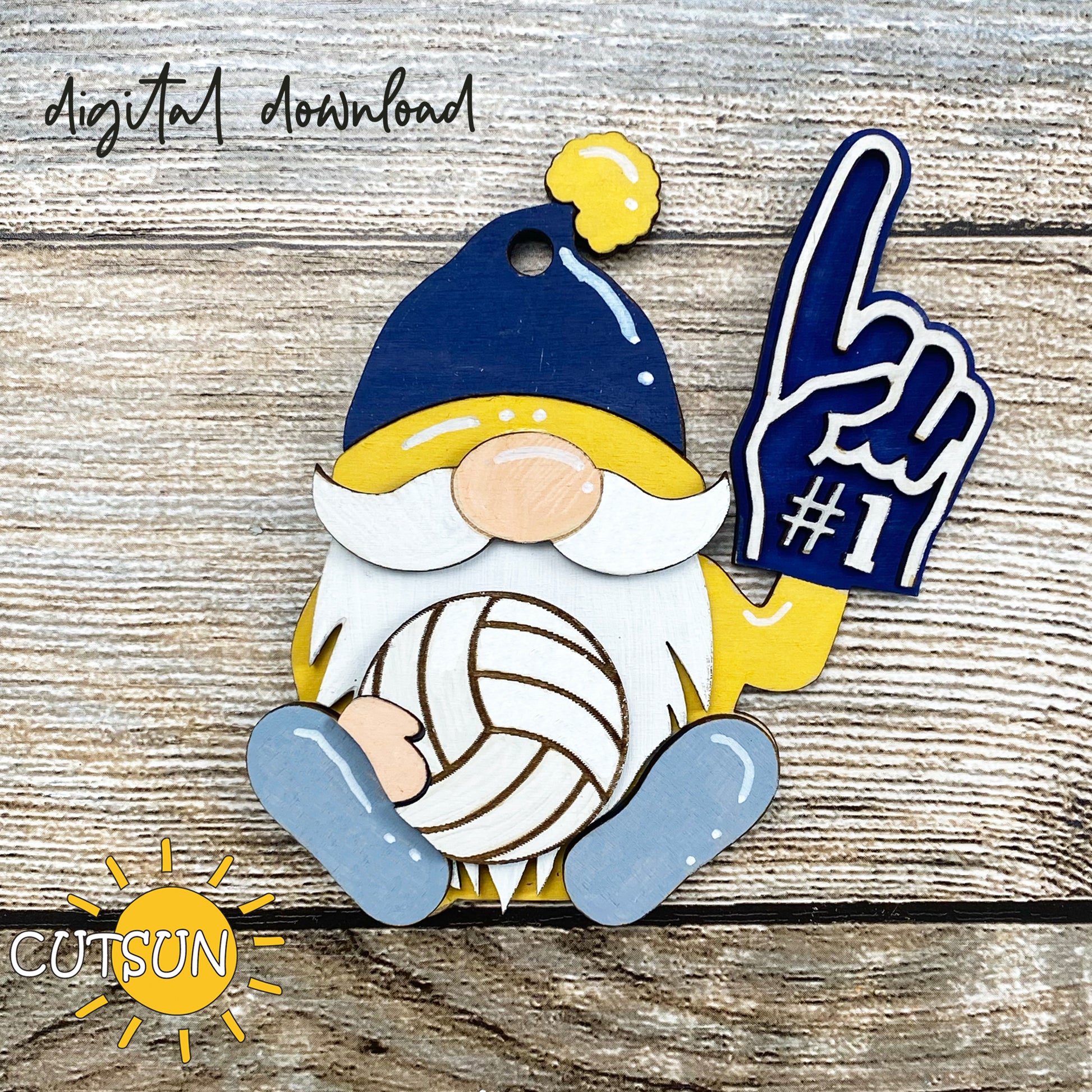 Gnome holding a volleyball with a foam finger on a wooden background, featuring the brand 'CUTSUN'.