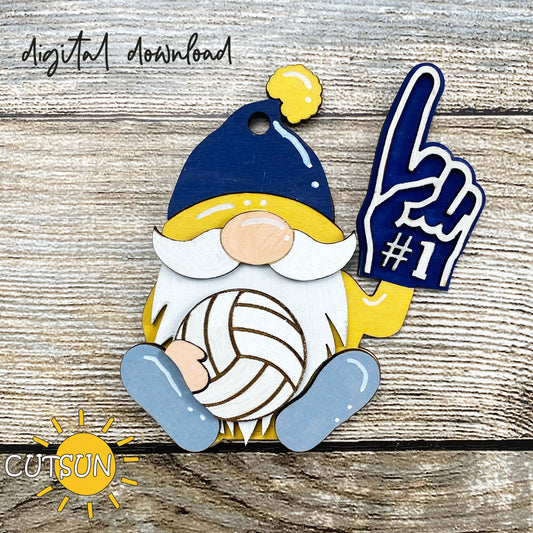 Gnome holding a volleyball with a foam finger on a wooden background, featuring the brand 'CUTSUN'.
