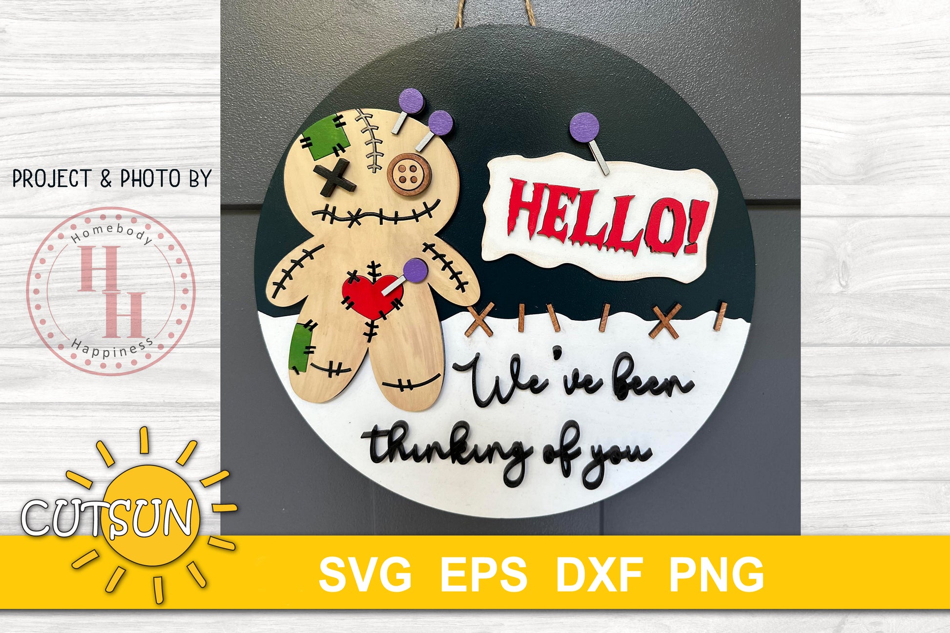 Voodoo doll door hanger with the words Hello! We've been thinking of you - SVG file for cut machines
