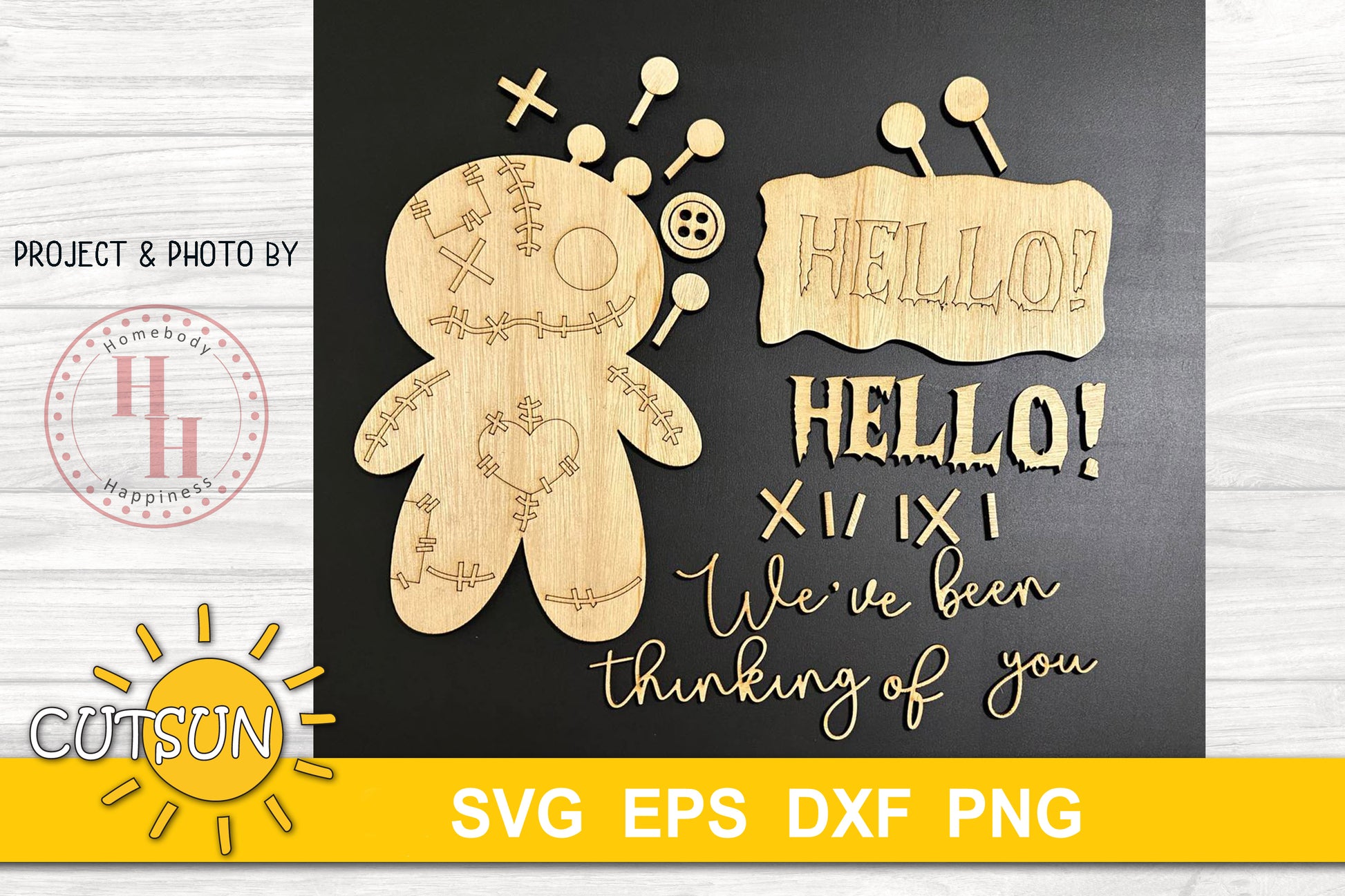 Voodoo doll door hanger with the words Hello! We've been thinking of you - SVG file for cut machines