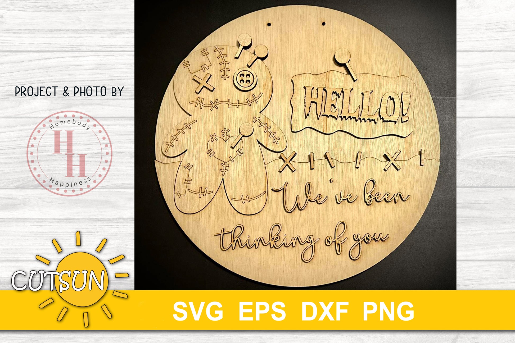 Voodoo doll door hanger with the words Hello! We've been thinking of you - SVG file for cut machines