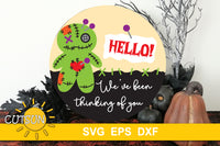 SVG digital download for a door hanger featuring a voodoo doll and the words Hello, we've been thinking of you