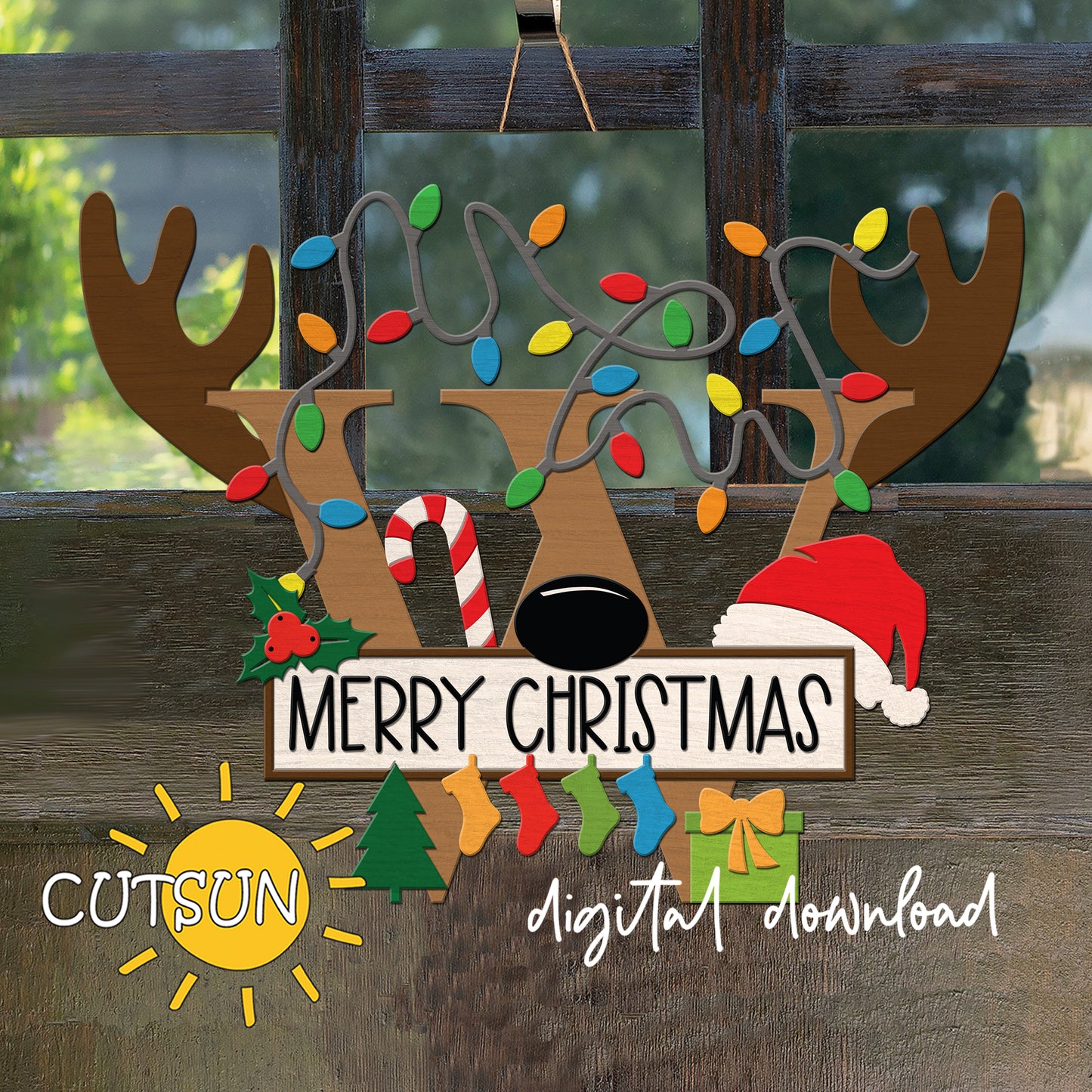 Laser cut Christmas door sign - monogram letter W with antlers, Christmas lights, candy cane, holly berry, a Christmas tree, a present, Santa hat and four stockings.