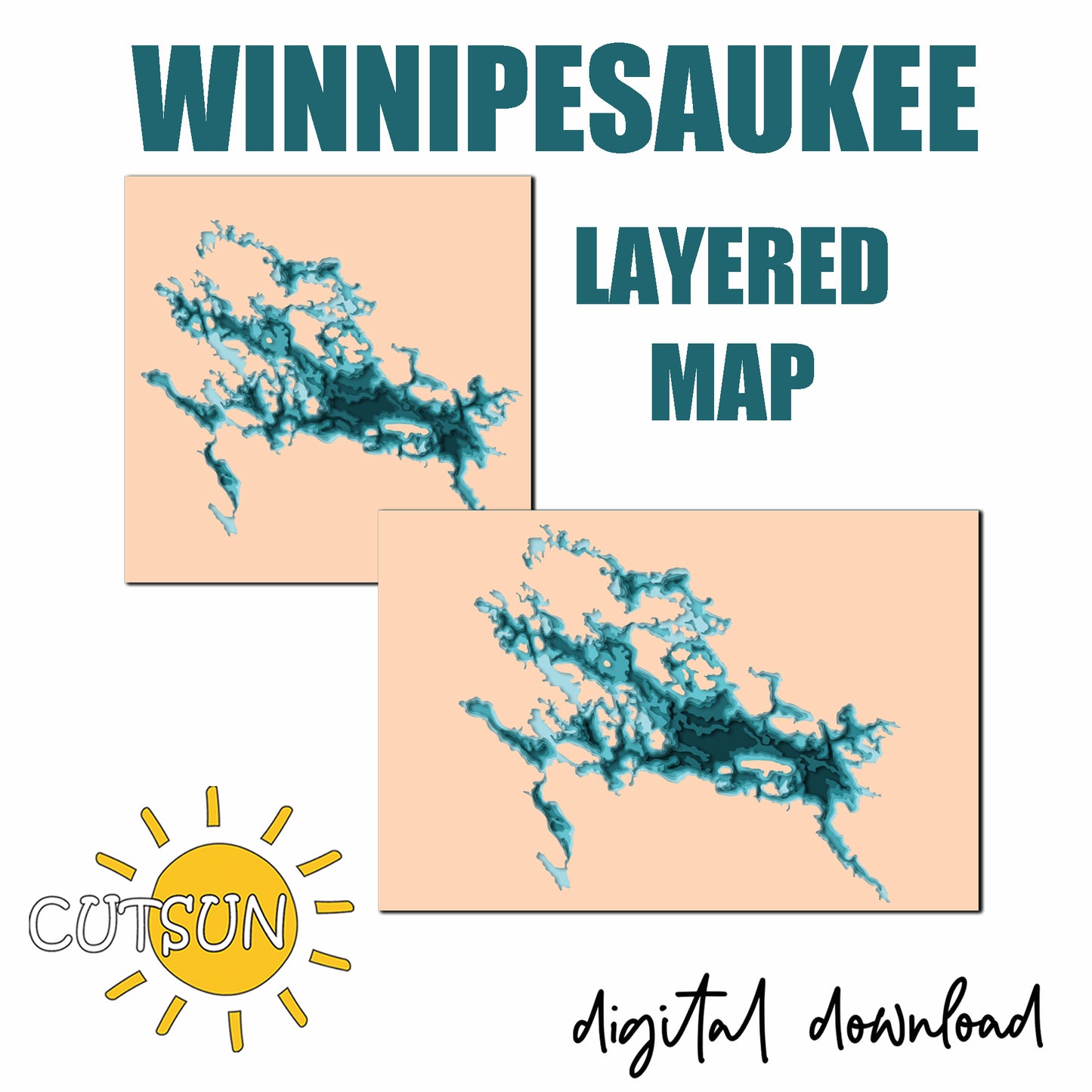 3D Layered Lake Winnipesaukee map - 8 layers | Depth map | laser cut file | Cricut SVG