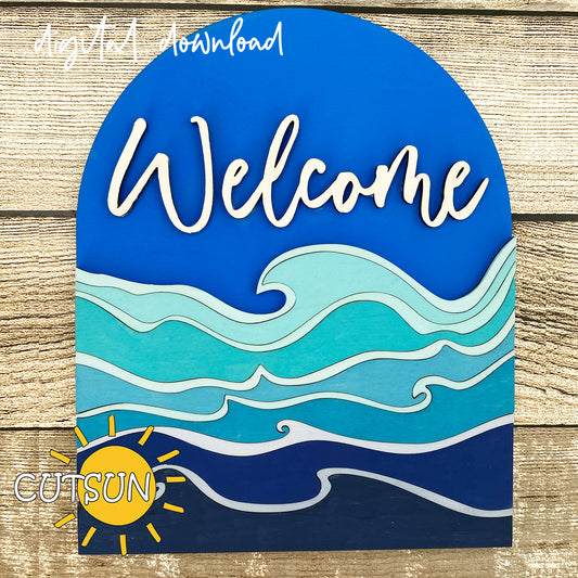 Laser cut layered welcome sign with blue ocean waves in arched shape – beach-themed SVG for summer decor