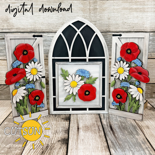 Wildflowers farmhouse window add-on SVG showing floral side panels and center plaque with poppies and daisies for interchangeable window decor