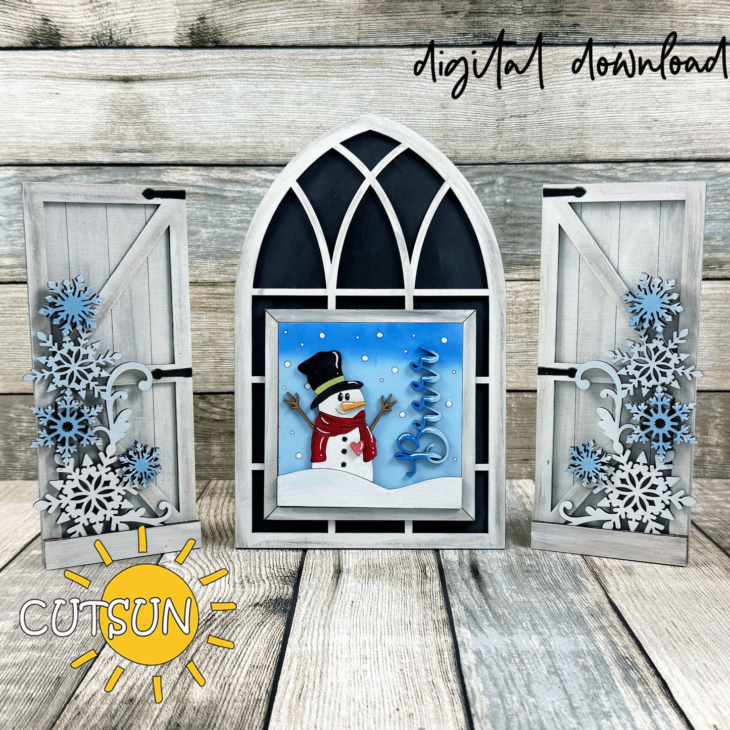 Winter add-on SVG for interchangeable farmhouse window set featuring a snowman window insert and layered snowflakes for the shutters, laser cut digital file.
