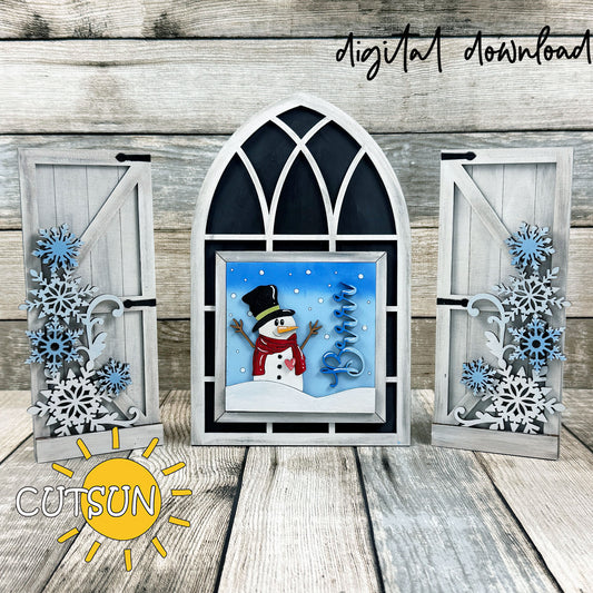 Winter add-on SVG for interchangeable farmhouse window set featuring a snowman window insert and layered snowflakes for the shutters, laser cut digital file.
