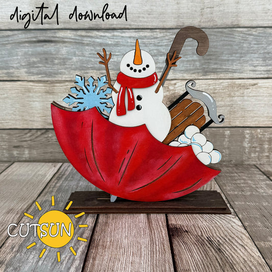 Layered Winter Add-On for Upside Down Umbrella Shelf Sitter – snowman, sled, and snowballs SVG laser cut file for festive home or market decor.