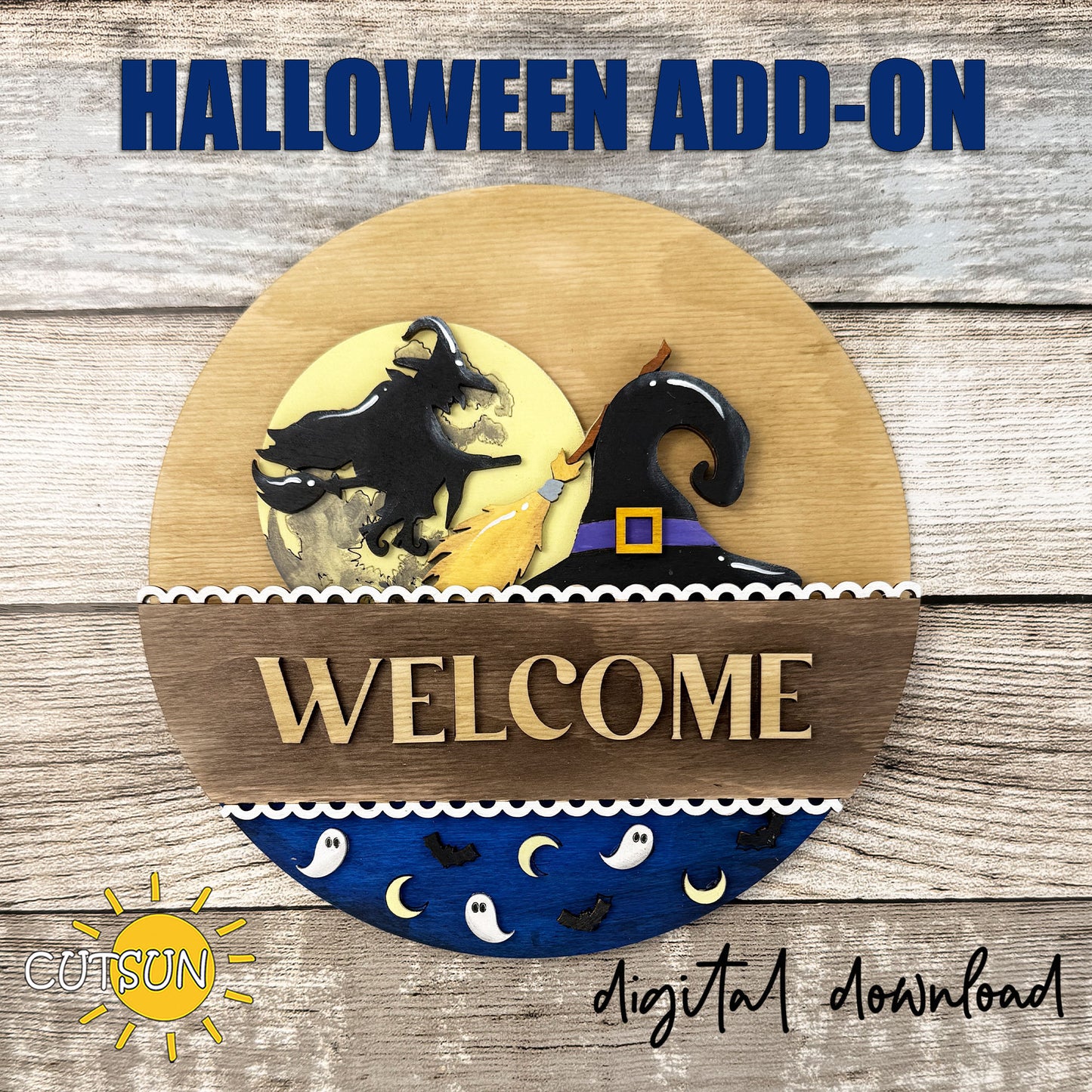 Witch SVG Insert for Interchangeable Round Sign – Halloween Witch Door Hanger Laser Cut File