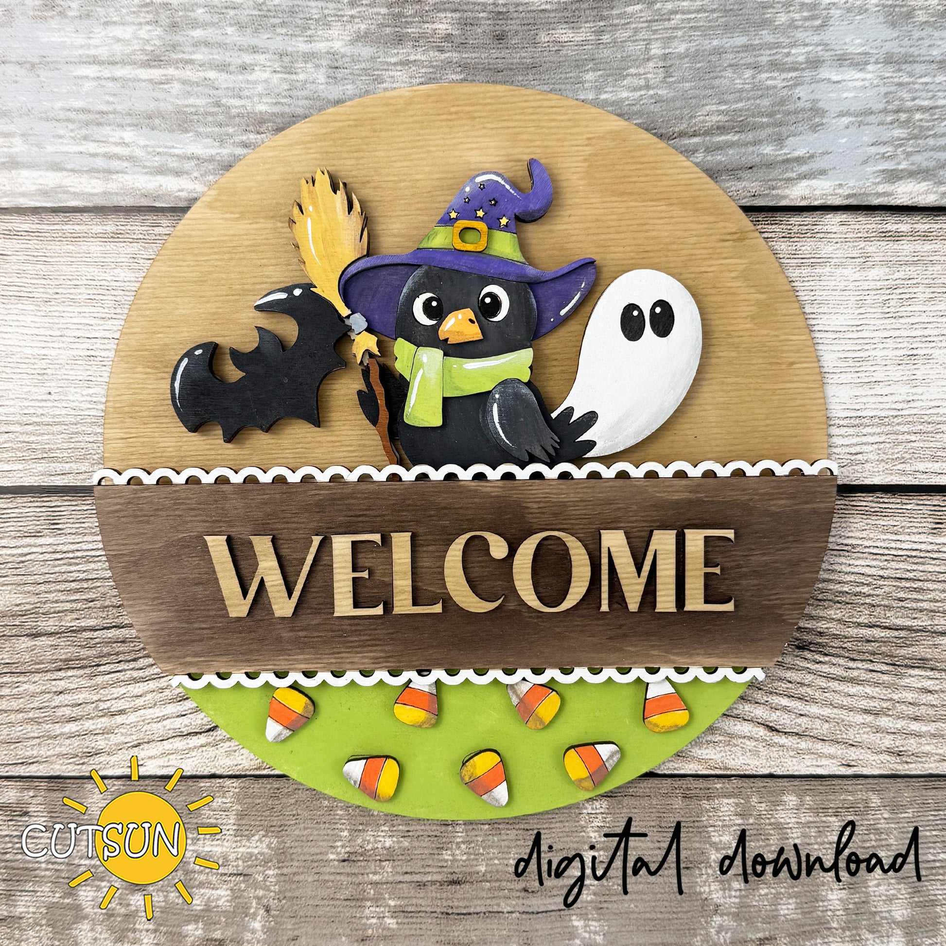 Layered Halloween crow SVG insert with witch hat, ghost, bat, broomstick, and candy corn accents for interchangeable round sign decor.