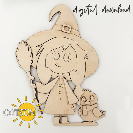 Cute Witch with Crow Shelf Sitter SVG – Halloween Laser Cut File for Mantel & Shelf Decor