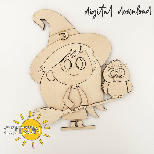 Cute Witch with Owl Shelf Sitter SVG – Halloween Laser Cut File for Mantel & Shelf Decor