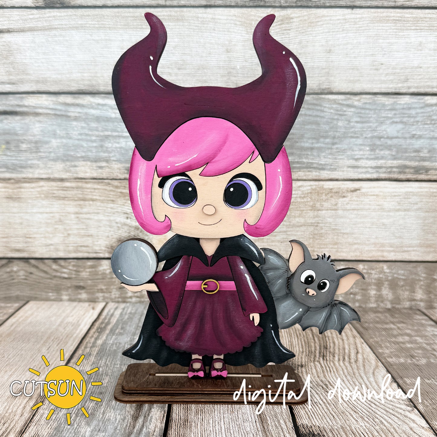 Layered Dark Fairy shelf sitter SVG featuring a cute fairy with curved horns, crystal ball, and a friendly bat, laser cut Halloween design.