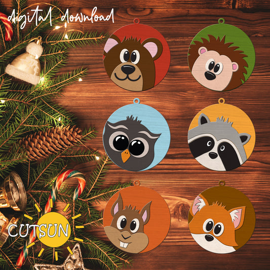 Illustrated animal Christmas ornaments on a wooden background with a digital download label.